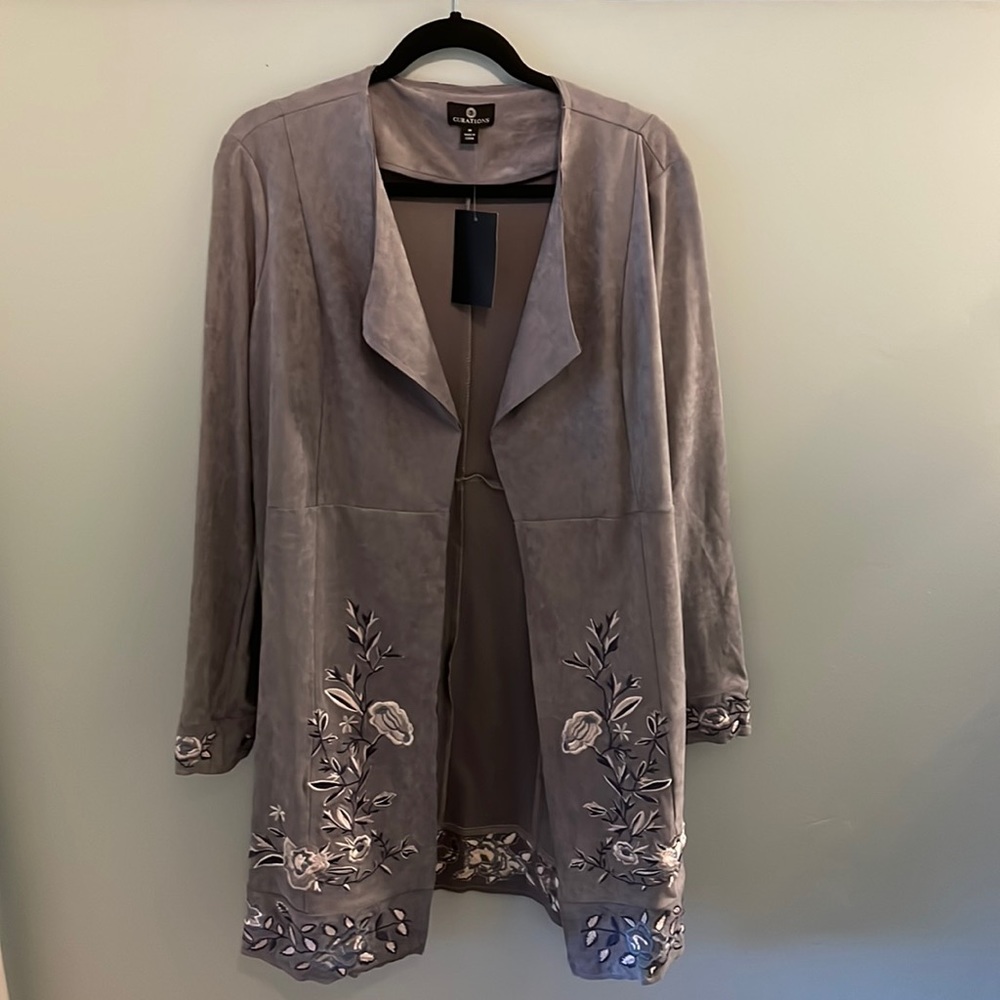 Faux suede duster with embroidery on sleeves and hem. Silver blue.